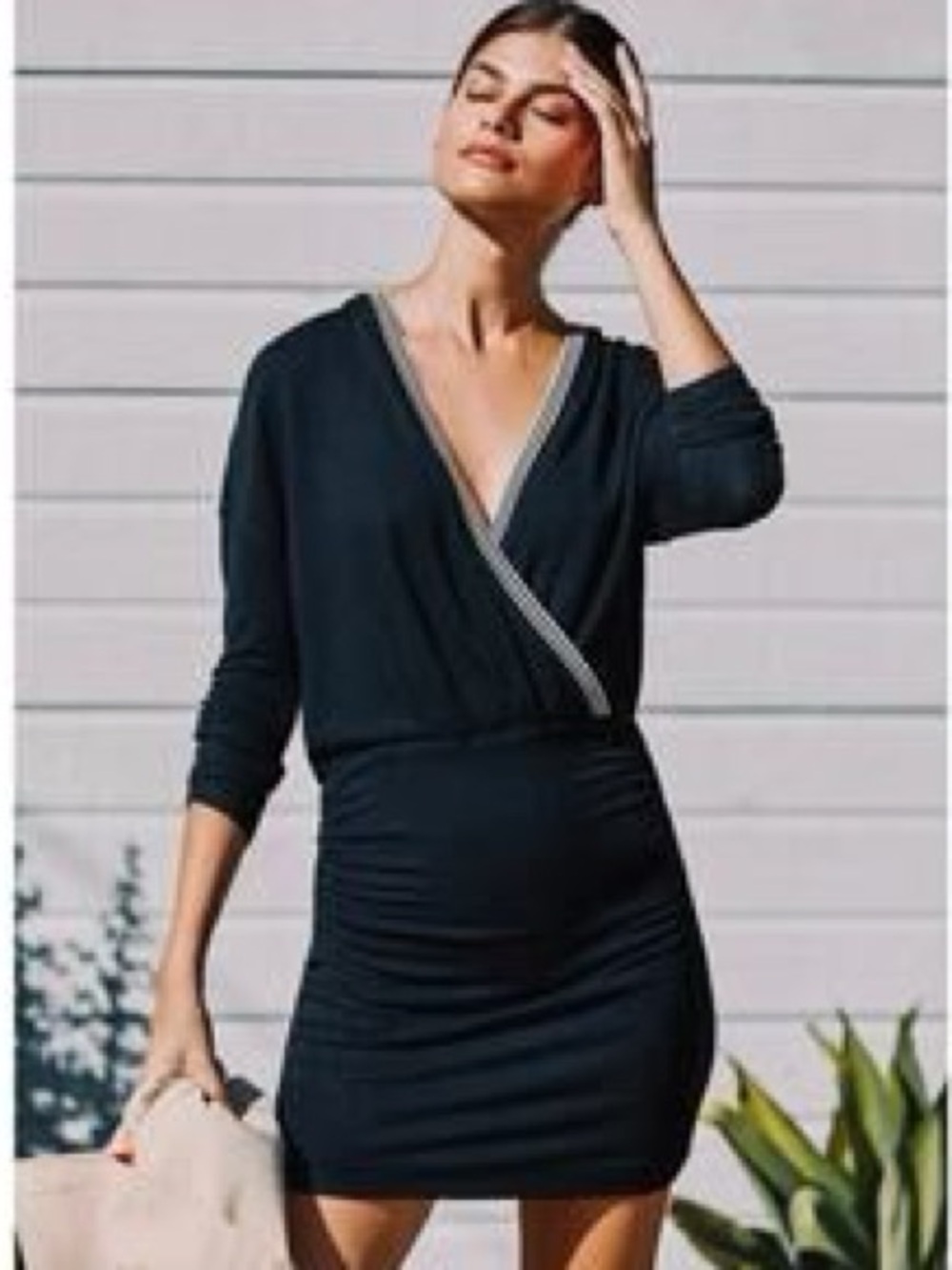 Anthropologies Navy Long-Sleeve Wrap Dress with Striped Collar